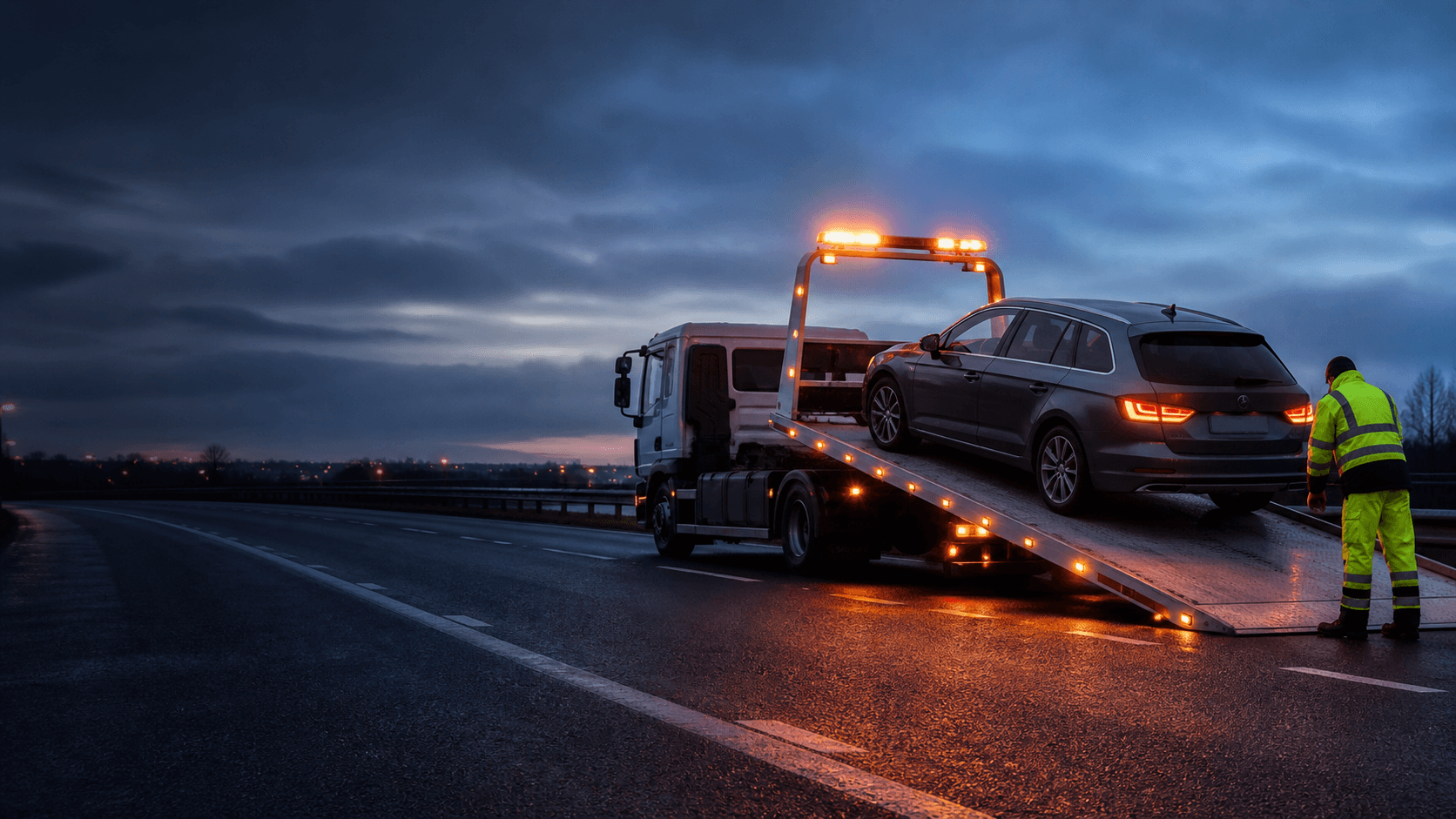 Recovery truck loading a vehicle on a wet road